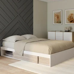 IDMarket Cadre de lit 140x190 cm avec sommier et rangements blanc et bois façon hêtre* Collection Moderne|Chambre Complète Adulte