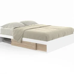 IDMarket Cadre de lit 140x190 cm avec sommier et rangements blanc et bois façon hêtre* Collection Moderne|Chambre Complète Adulte