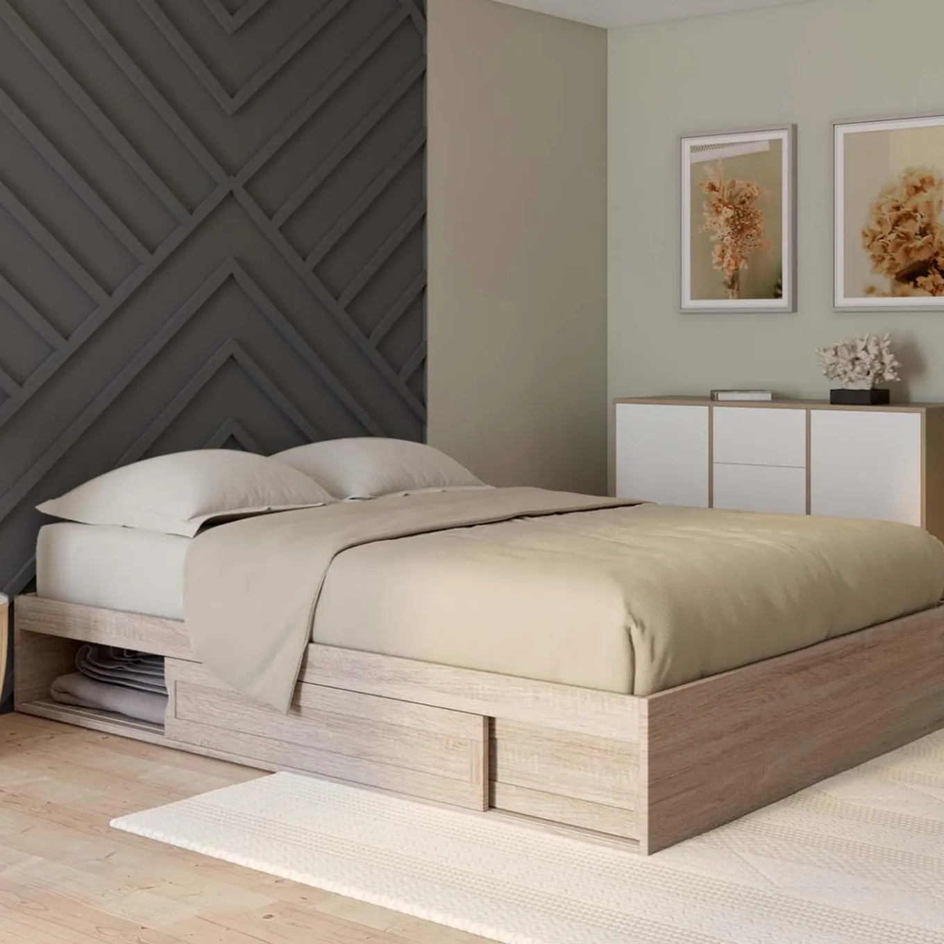 IDMarket Cadre de lit 140x190 cm avec sommier et rangements en hêtre* Lits Avec Sommier|Chambre Complète Adulte