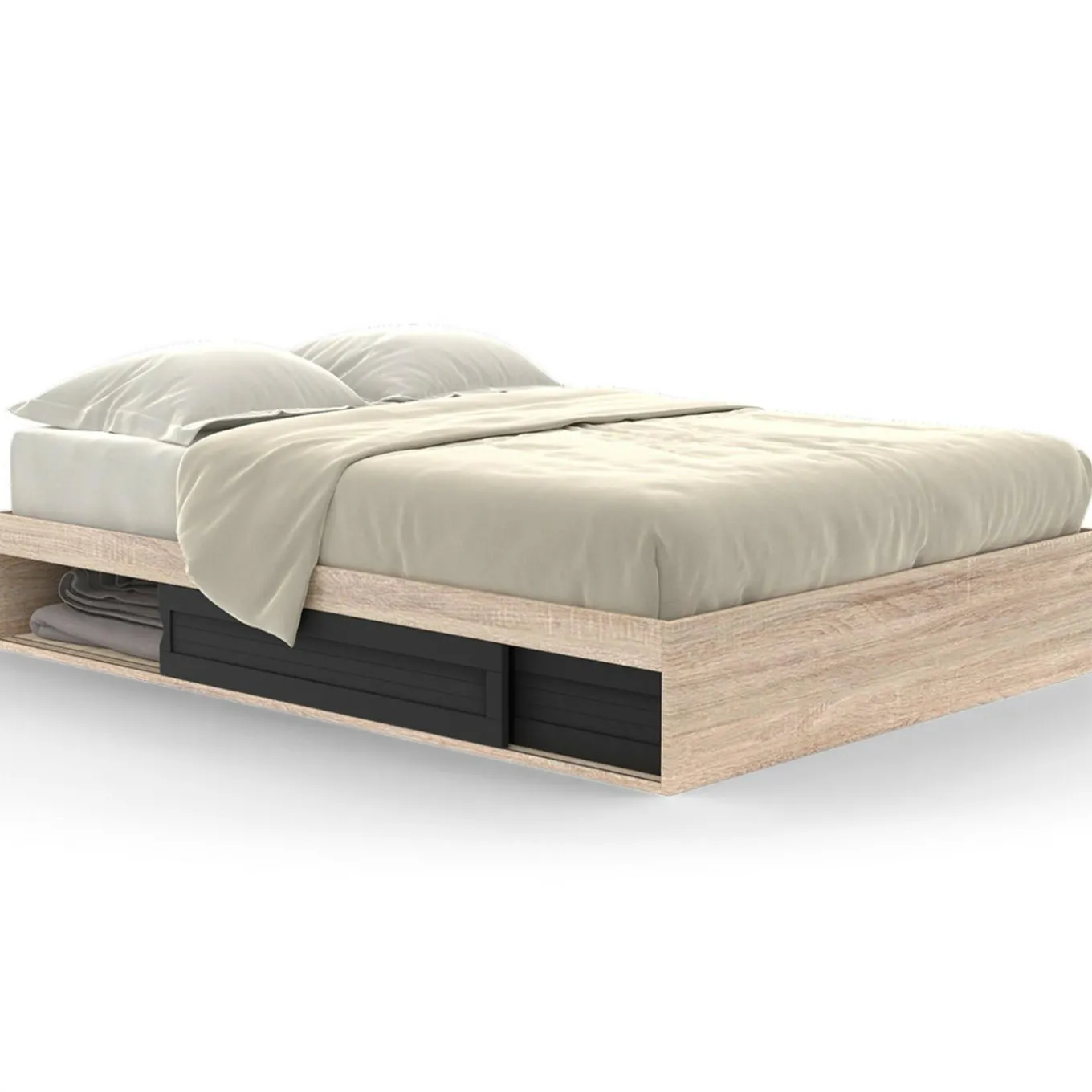 IDMarket Cadre de lit 140x190 cm avec sommier et rangements noir et bois* Lits Avec Sommier|Chambre Complète Adulte