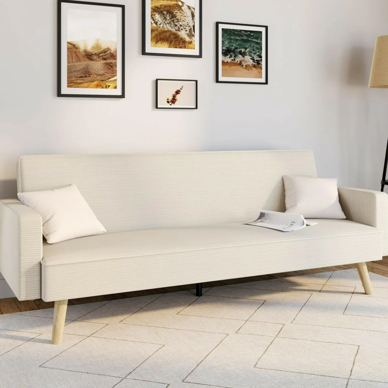 IDMarket Canapé droit scandinave 3 places convertible LARS velours côtelé beige* Collection Scandinave|Canapés