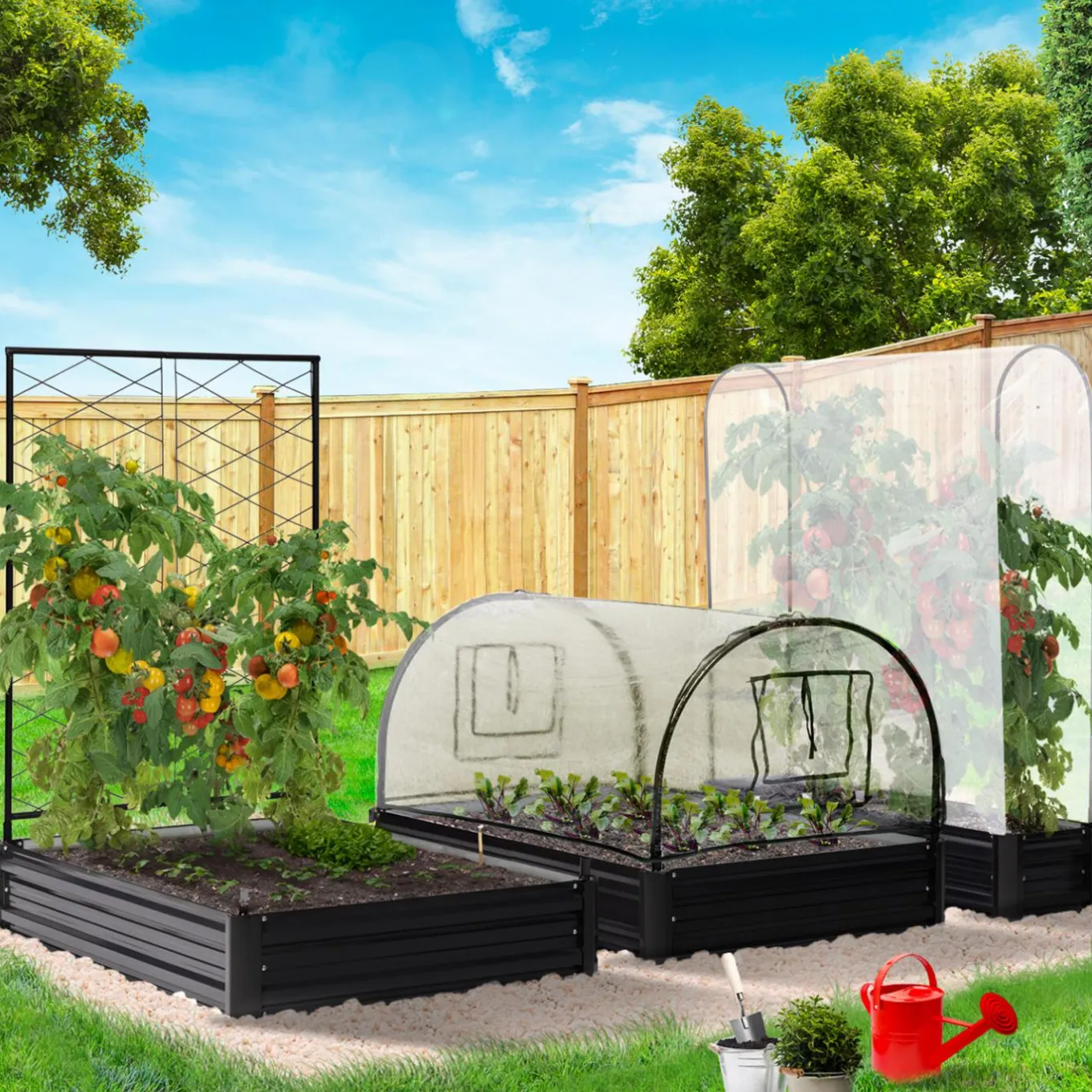 IDMarket Carré potager en métal avec serre à tomates + treillis + housse* Carrés Potager