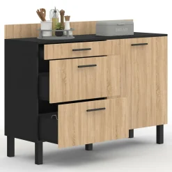 IDMarket Casserolier bois noir et façon hêtre 120 cm plan de travail H.83 cm 1 porte + 3 tiroirs* Meubles De Cuisine Avec Plan De Travail|Buffets De Cuisine