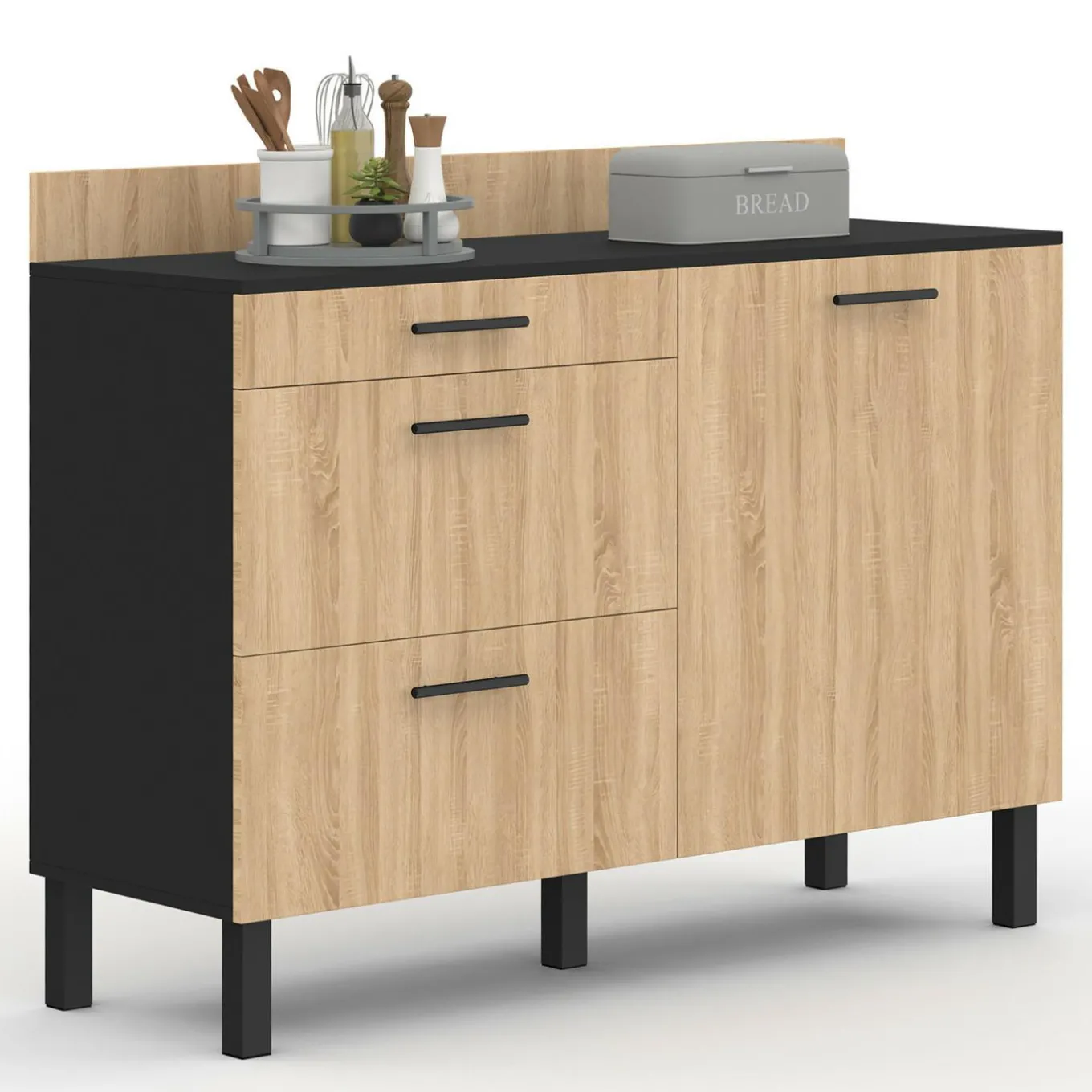 IDMarket Casserolier bois noir et façon hêtre 120 cm plan de travail H.83 cm 1 porte + 3 tiroirs* Meubles De Cuisine Avec Plan De Travail|Buffets De Cuisine