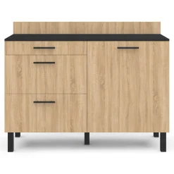 IDMarket Casserolier bois noir et façon hêtre 120 cm plan de travail H.83 cm 1 porte + 3 tiroirs* Meubles De Cuisine Avec Plan De Travail|Buffets De Cuisine