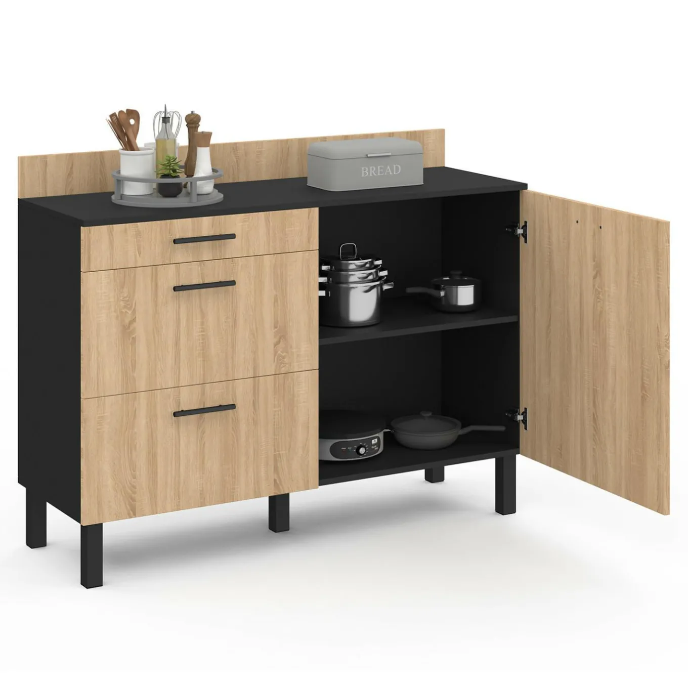 IDMarket Casserolier bois noir et façon hêtre 120 cm plan de travail H.83 cm 1 porte + 3 tiroirs* Meubles De Cuisine Avec Plan De Travail|Buffets De Cuisine