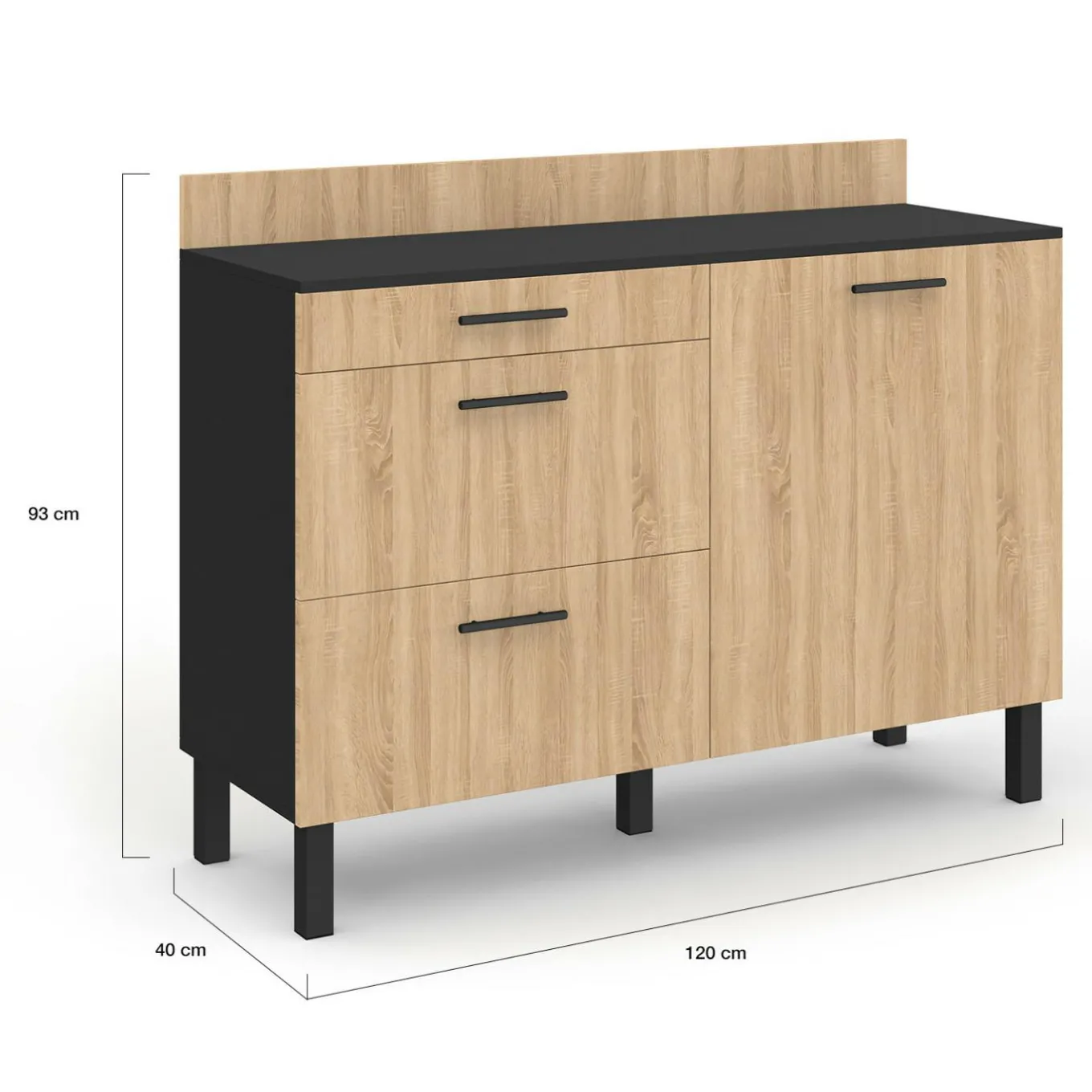 IDMarket Casserolier bois noir et façon hêtre 120 cm plan de travail H.83 cm 1 porte + 3 tiroirs* Meubles De Cuisine Avec Plan De Travail|Buffets De Cuisine