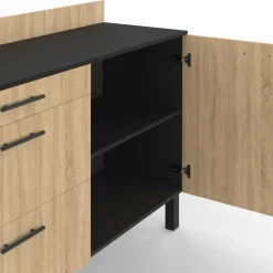IDMarket Casserolier bois noir et façon hêtre 120 cm plan de travail H.83 cm 1 porte + 3 tiroirs* Meubles De Cuisine Avec Plan De Travail|Buffets De Cuisine