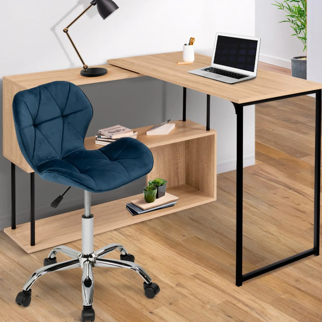 IDMarket Chaise de bureau velours bleu à roulettes* Collection Télétravail|Collection Moderne