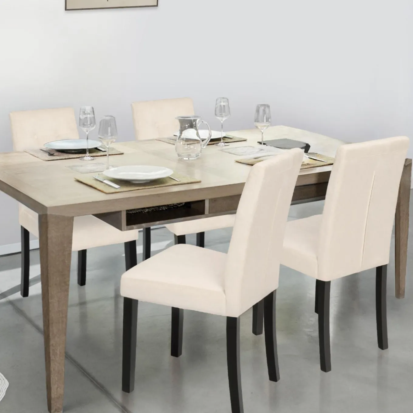 IDMarket Chaises capitonnées en velours beige pieds noirs : lot de 4* Collection Contemporaine|Chaises