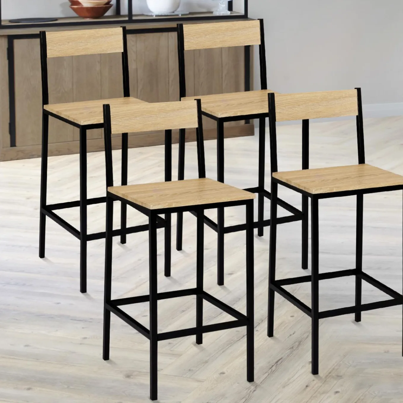 IDMarket Chaises de bar industrielles métal et bois avec dossier x4* Collection Industrielle|Tabourets De Bar