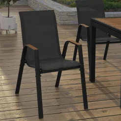 IDMarket Chaises de jardin empilables noir et bois métal et textilène* Salons De Jardin