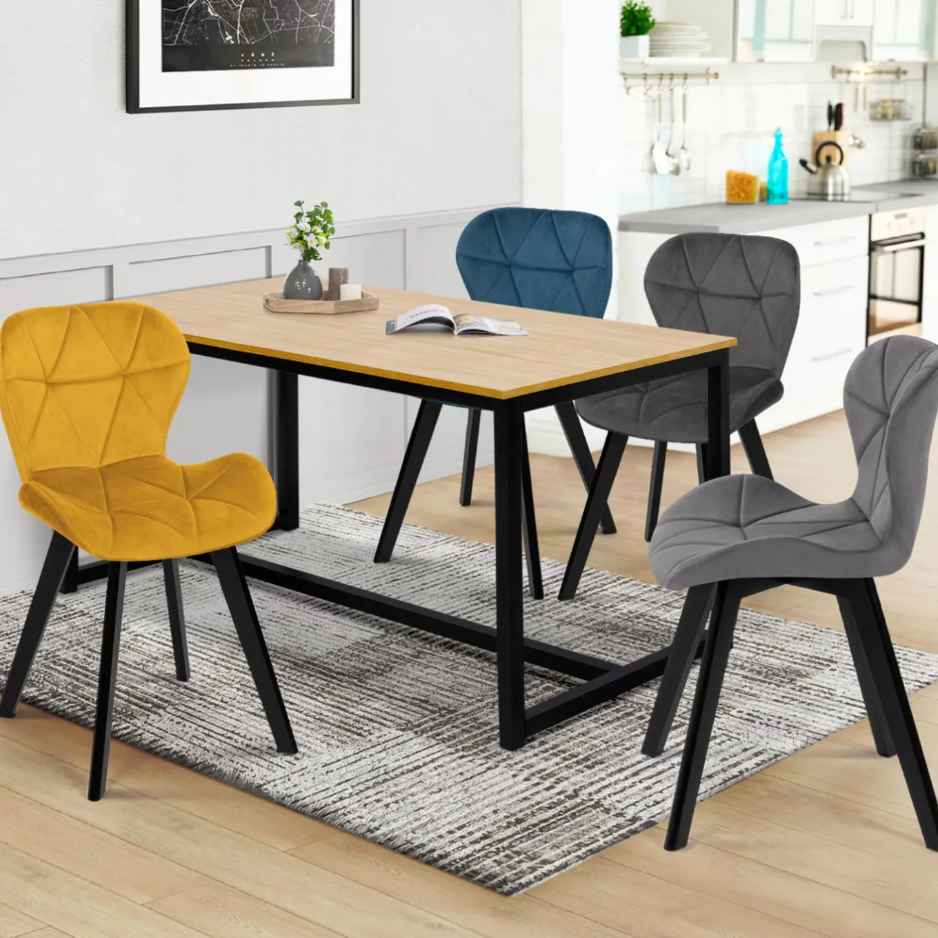 IDMarket Chaises en velours matelassée bleu, gris foncé, gris clair et jaune* Chaises|Tables Et Chaises