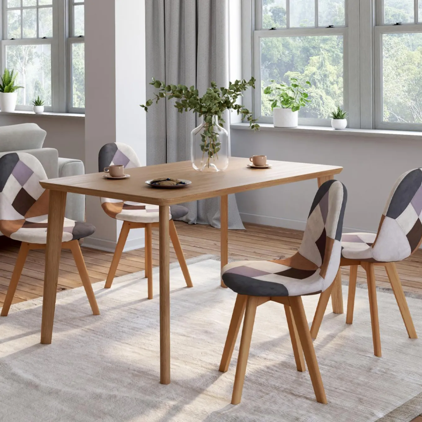 IDMarket Chaises motifs patchworks marron scandinaves : lot de 4* Collection Scandinave|Chaises