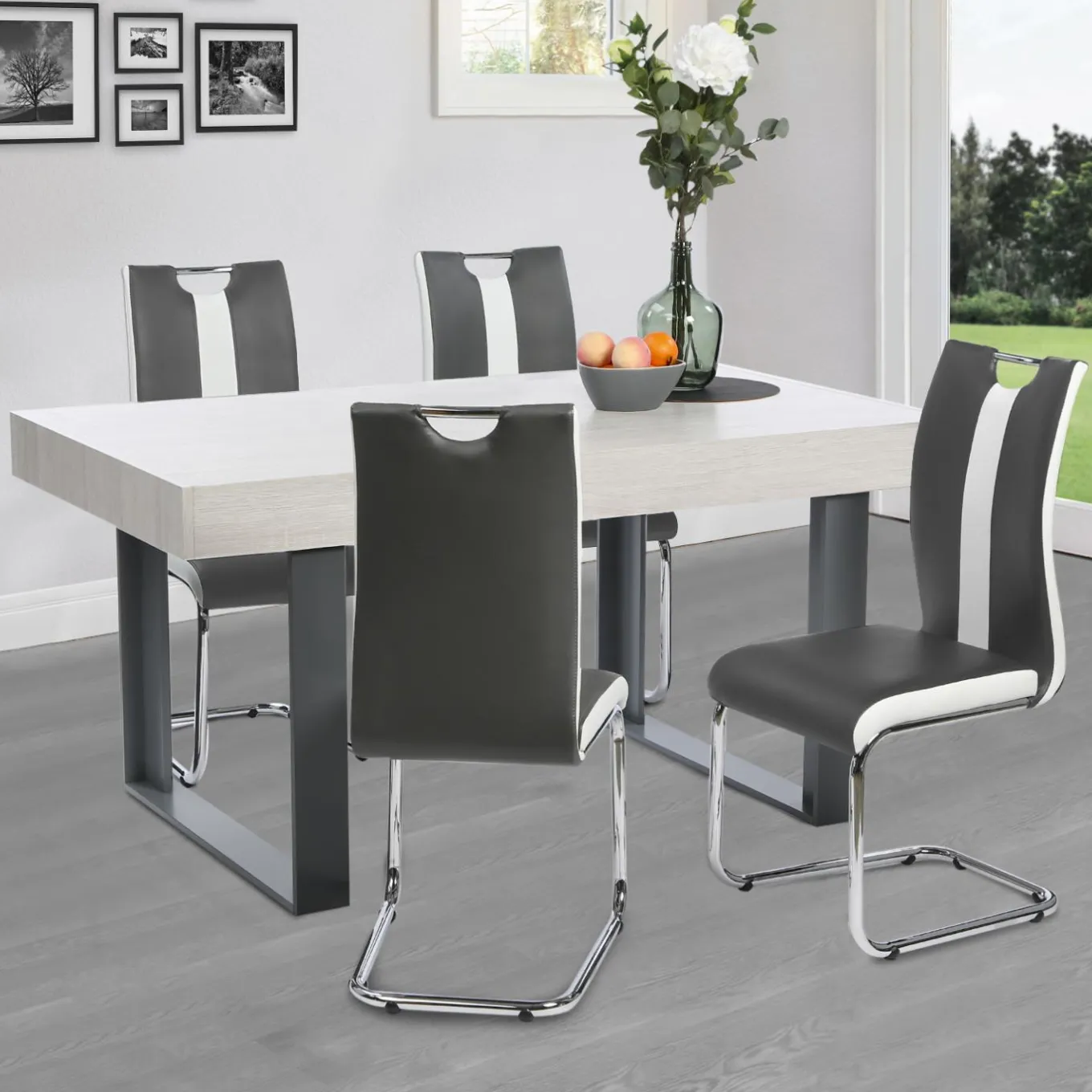 IDMarket Chaises pieds métal chromé blanches et grises* Collection Contemporaine|Salle À Manger Complète