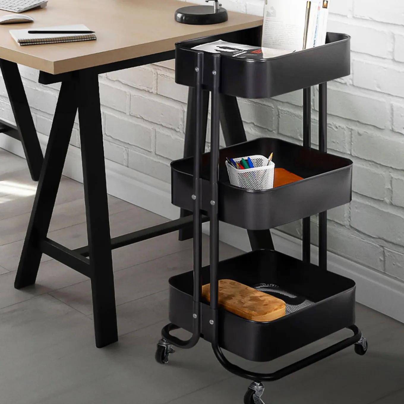 IDMarket Chariot desserte à roulettes en acier noir* Meubles Salle De Bain|Dessertes Et Éléments De Cuisine