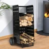 IDMarket Chariot porte bûches vertical noir* Accessoires Cheminée|Collection Métal