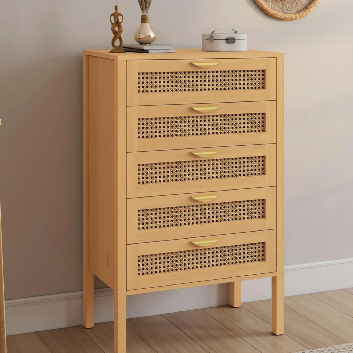 IDMarket Chiffonier commode semainier cannage bois 5 tiroirs 60 cm* Meubles En Bois|Collection Cannage