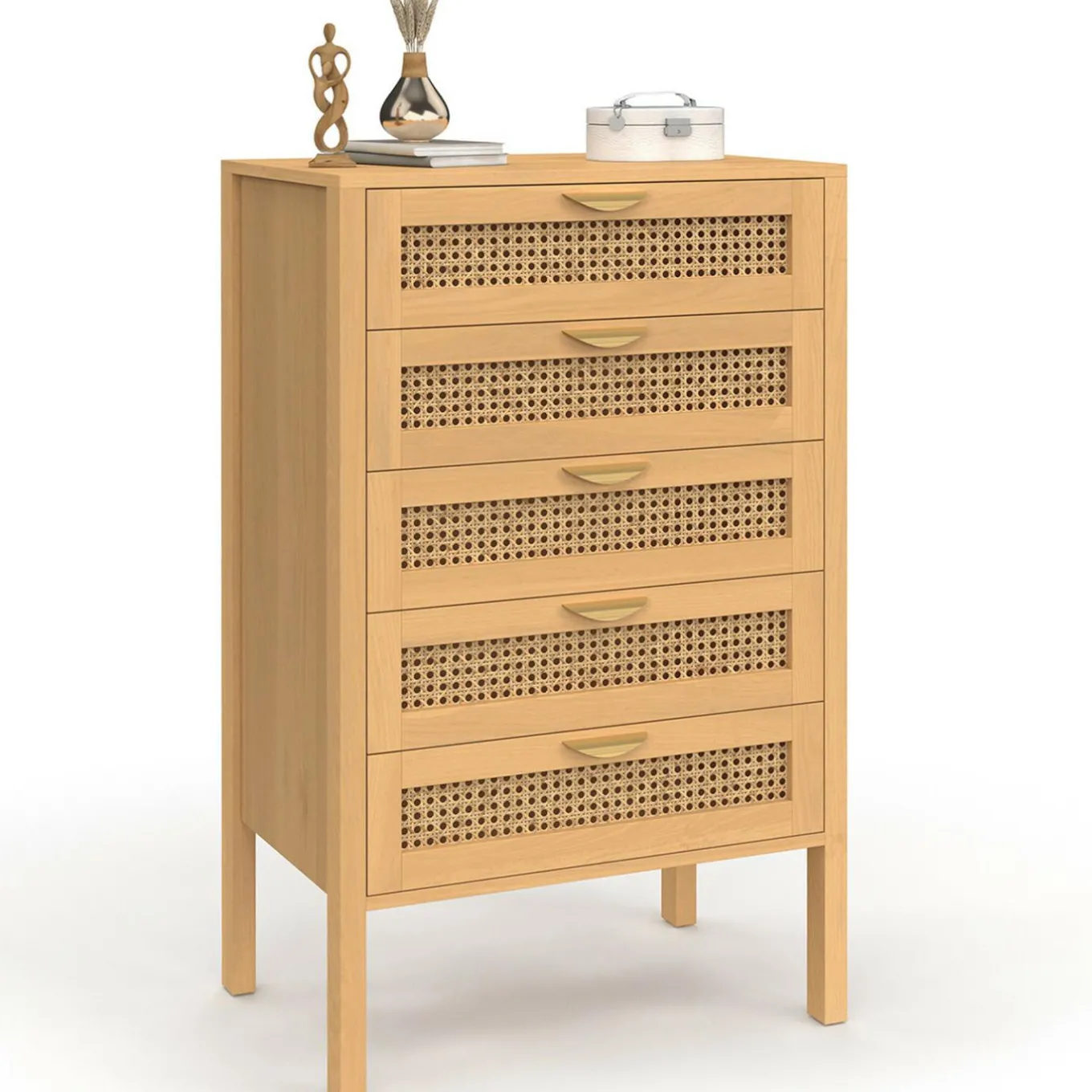 IDMarket Chiffonier commode semainier cannage bois 5 tiroirs 60 cm* Meubles En Bois|Collection Cannage