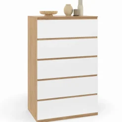 IDMarket Chiffonier commode semainier bois façon hêtre et blanc 60 cm 5 tiroirs* Collection Design|Collection Moderne