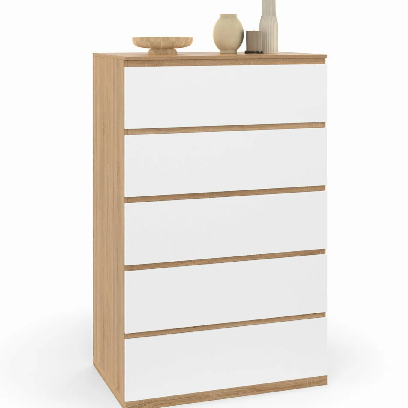 IDMarket Chiffonier commode semainier bois façon hêtre et blanc 60 cm 5 tiroirs* Collection Design|Collection Moderne