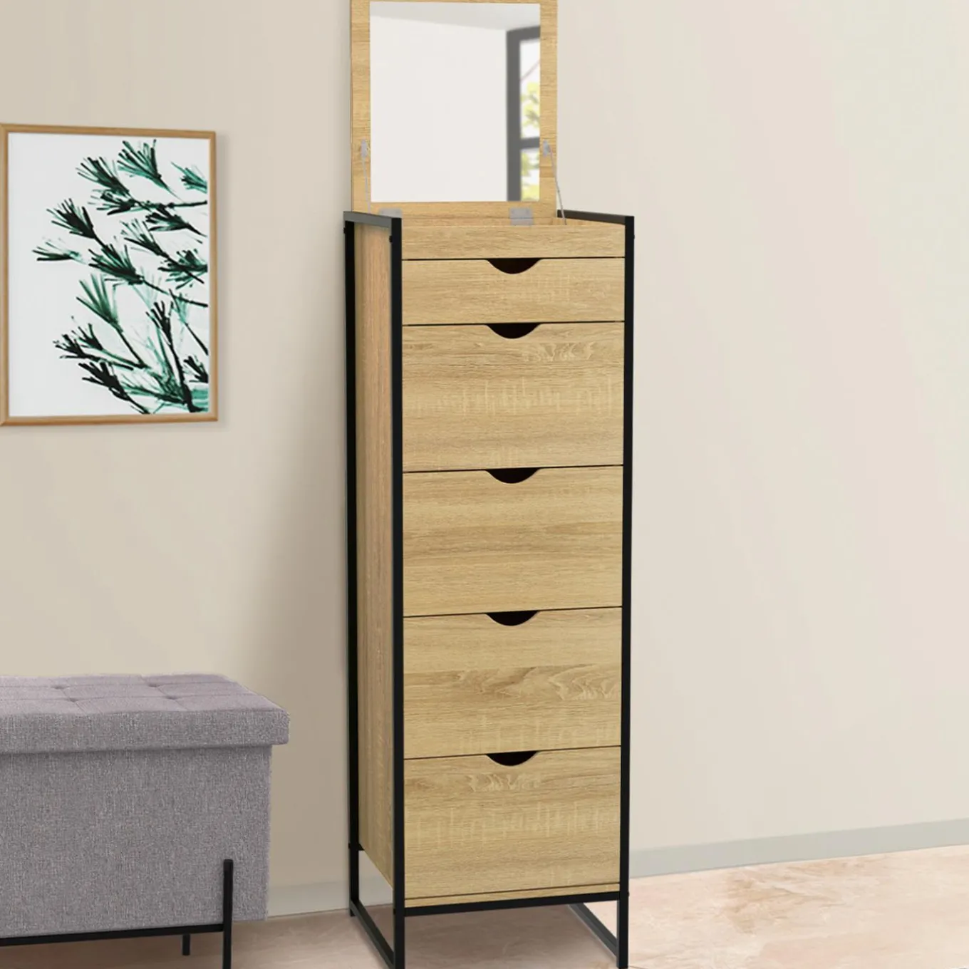 IDMarket Chiffonnier industriel 40cm 5 tiroirs meuble d'entrée avec miroir* Commodes