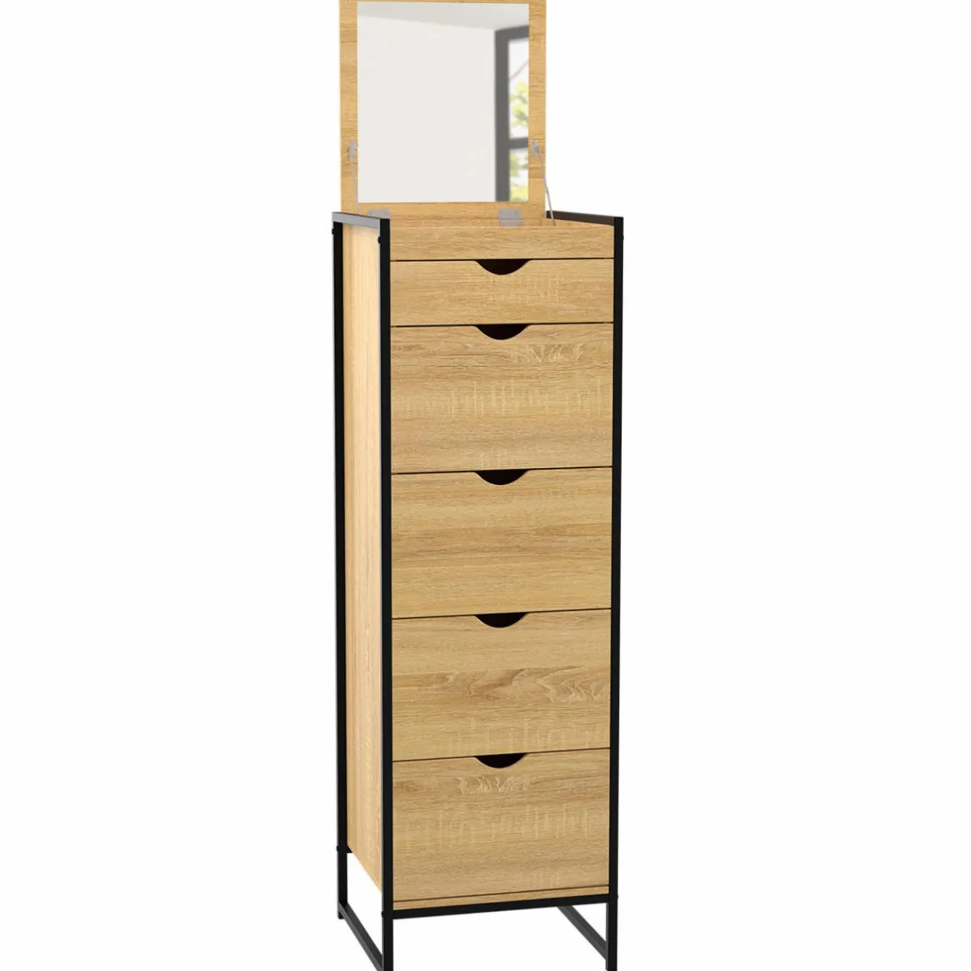 IDMarket Chiffonnier industriel 40cm 5 tiroirs meuble d'entrée avec miroir* Commodes