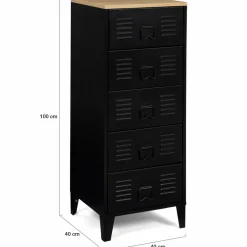 IDMarket Chiffonnier industriel métal noir et imitation hêtre avec 5 tiroirs* Meubles Tiroirs|Collection Métal
