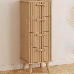 IDMarket Chiffonnier lattes tasseau bois coloris chêne - meuble d'appoint 4 tiroirs 30 cm* Meubles Tiroirs|Meubles En Bois