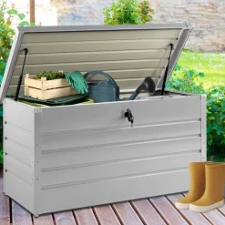 IDMarket Coffre de rangement extérieur étanche en métal gris clair 350L* Coffre De Jardin|Abris De Jardin