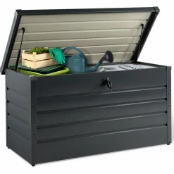 IDMarket Coffre de rangement extérieur étanche en métal gris 350 L* Coffre De Jardin|Abris De Jardin