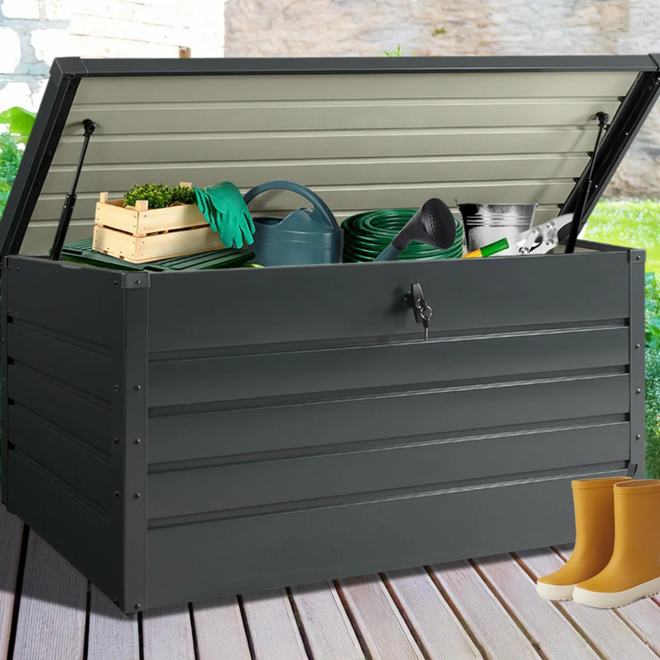 IDMarket Coffre de rangement métal 810L verrouillable gris anthracite pour jardin 147x86x82 cm* Coffre De Jardin|Abris De Jardin