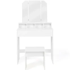 IDMarket Coiffeuse 3 miroirs blanche avec 4 niches, 1 tiroir et tabouret* Meubles Tiroirs|Collection Design