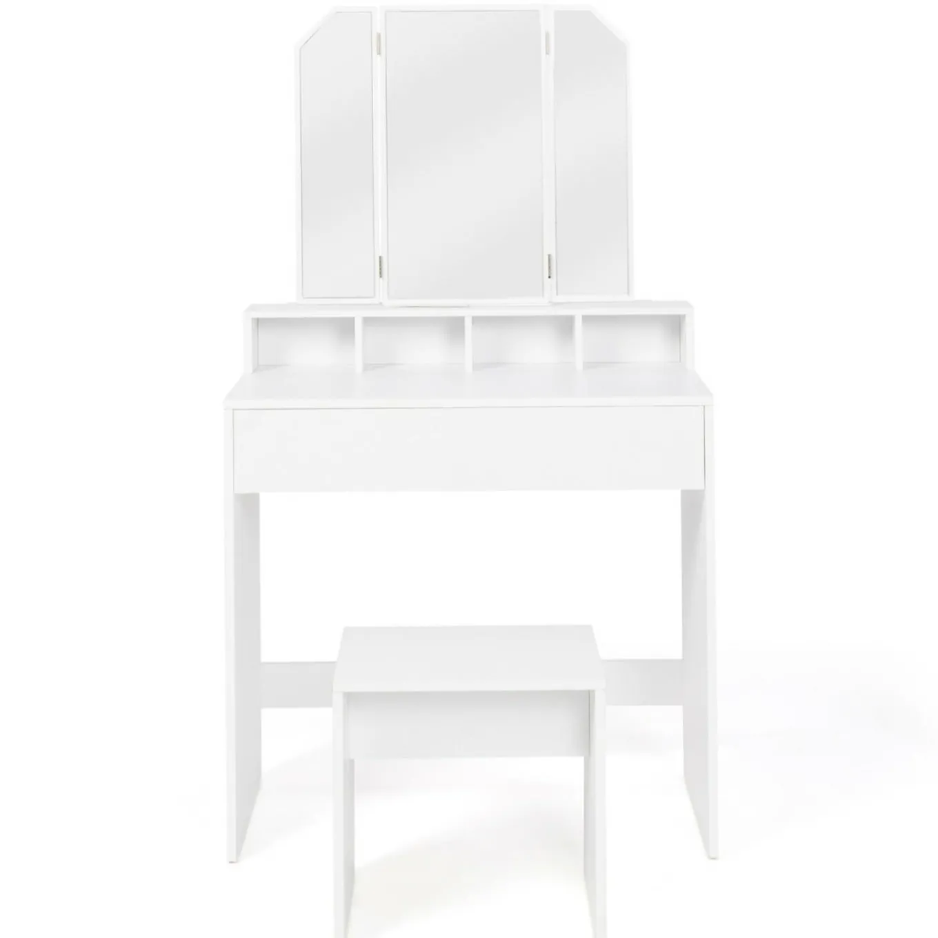 IDMarket Coiffeuse 3 miroirs blanche avec 4 niches, 1 tiroir et tabouret* Meubles Tiroirs|Collection Design