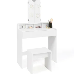 IDMarket Coiffeuse 3 miroirs blanche avec 4 niches, 1 tiroir et tabouret* Meubles Tiroirs|Collection Design