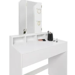 IDMarket Coiffeuse 3 miroirs blanche avec 4 niches, 1 tiroir et tabouret* Meubles Tiroirs|Collection Design