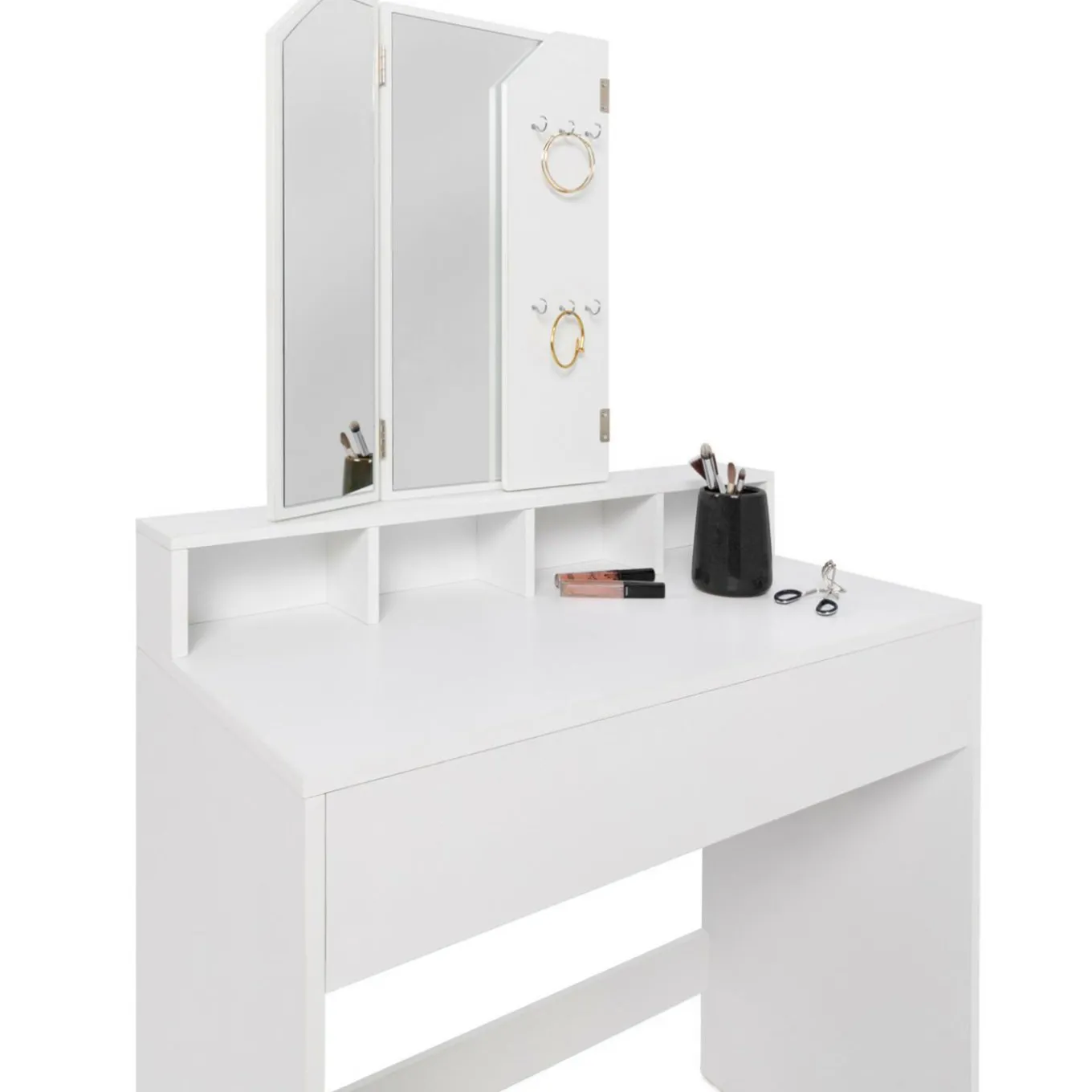 IDMarket Coiffeuse 3 miroirs blanche avec 4 niches, 1 tiroir et tabouret* Meubles Tiroirs|Collection Design