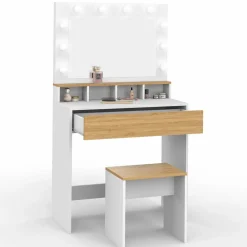 IDMarket Coiffeuse avec miroir LED blanc et hêtre* Meubles Tiroirs|Collection Design