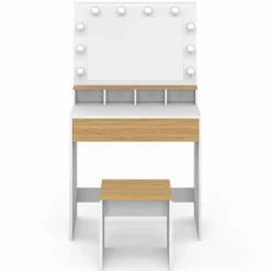 IDMarket Coiffeuse avec miroir LED blanc et hêtre* Meubles Tiroirs|Collection Design