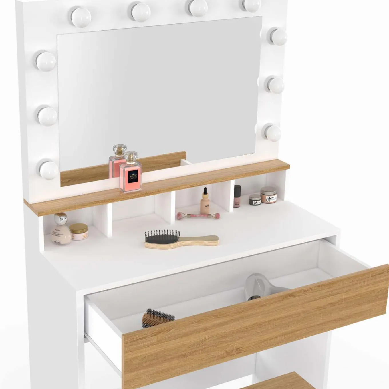 IDMarket Coiffeuse avec miroir LED blanc et hêtre* Meubles Tiroirs|Collection Design