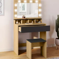 IDMarket Coiffeuse avec miroir LED noir et hêtre* Meubles Tiroirs|Collection Design