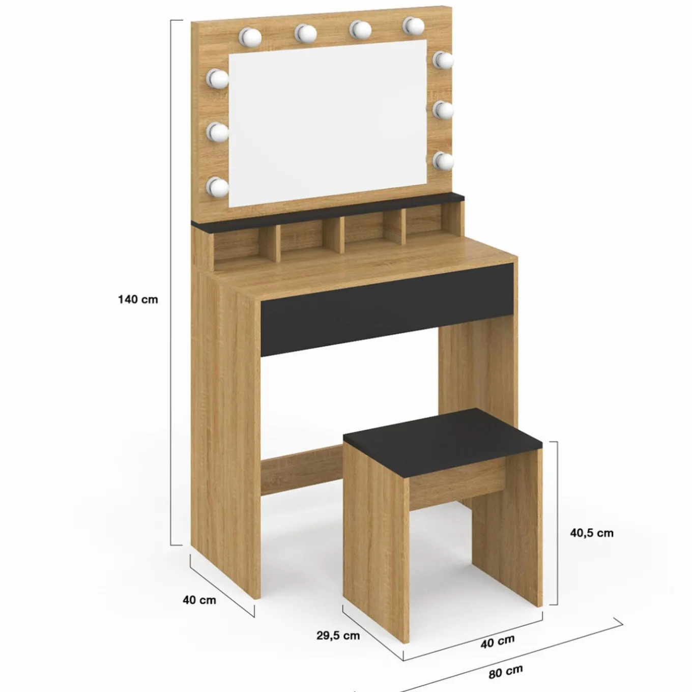 IDMarket Coiffeuse avec miroir LED noir et hêtre* Meubles Tiroirs|Collection Design