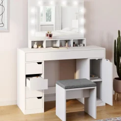 IDMarket Coiffeuse avec miroir LED blanche, niches, tiroirs, rangements et tabouret* Coiffeuses