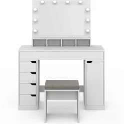 IDMarket Coiffeuse avec miroir LED blanche, niches, tiroirs, rangements et tabouret* Coiffeuses