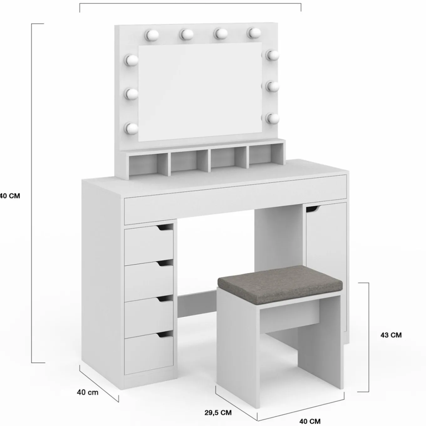 IDMarket Coiffeuse avec miroir LED blanche, niches, tiroirs, rangements et tabouret* Coiffeuses