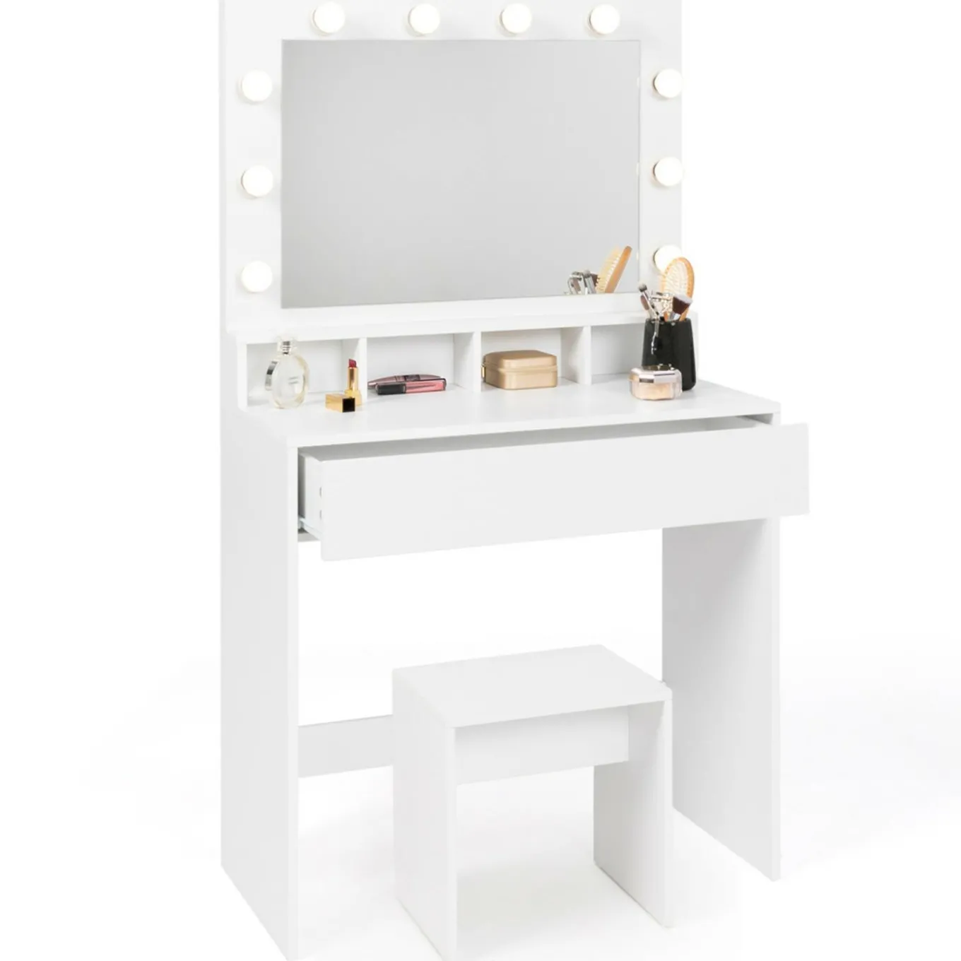 IDMarket Coiffeuse avec miroir LED et tabouret, 4 niches, 1 tiroir* Meubles Tiroirs|Collection Design