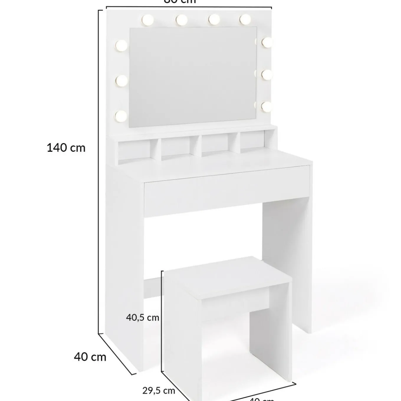 IDMarket Coiffeuse avec miroir LED et tabouret, 4 niches, 1 tiroir* Meubles Tiroirs|Collection Design