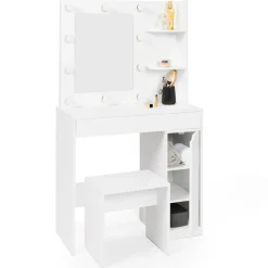 IDMarket Coiffeuse blanche avec miroir LED et tabouret 1 tiroir* Meubles Tiroirs|Meubles Blancs