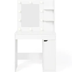 IDMarket Coiffeuse blanche avec miroir LED et tabouret 1 tiroir* Meubles Tiroirs|Meubles Blancs