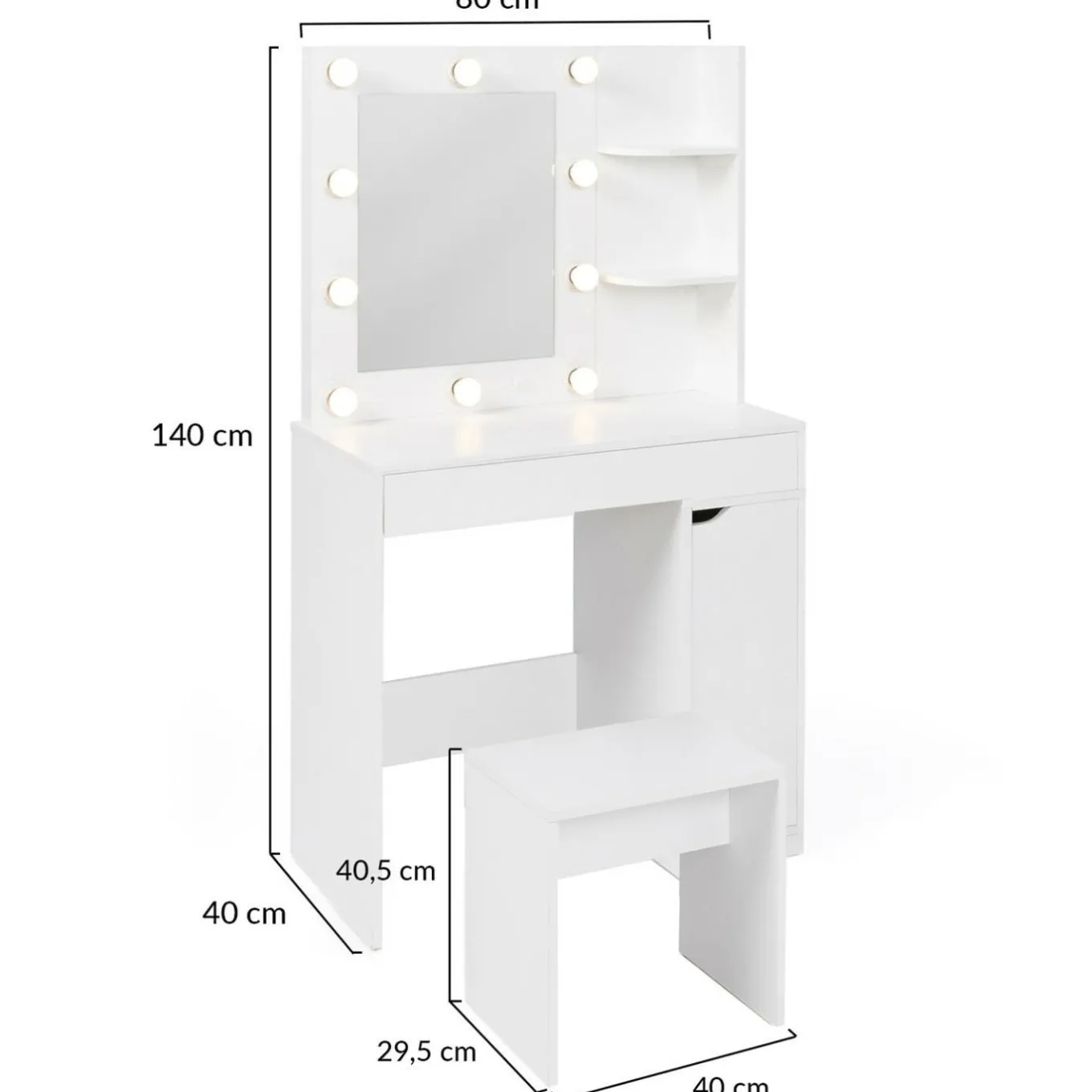 IDMarket Coiffeuse blanche avec miroir LED et tabouret 1 tiroir* Meubles Tiroirs|Meubles Blancs